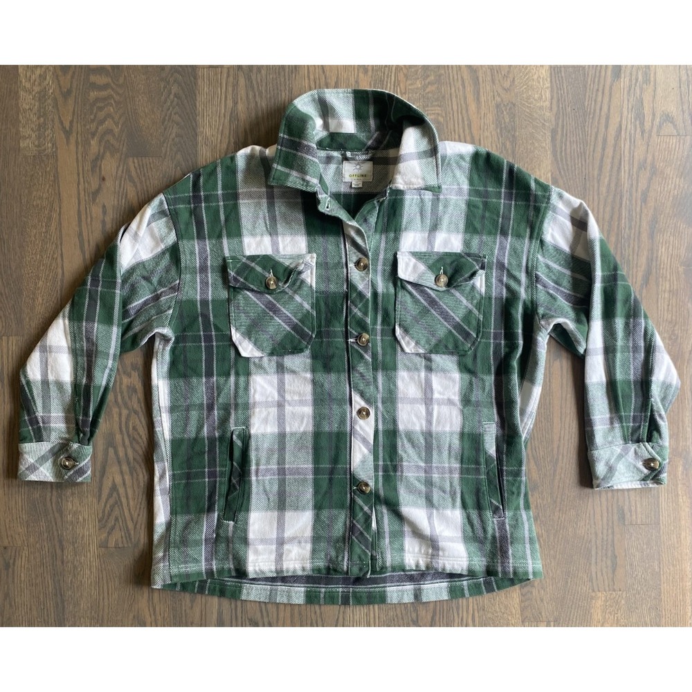 Offline by Aerie Flannel Plaid Shacket Women Size Large Oversized Green Cotton